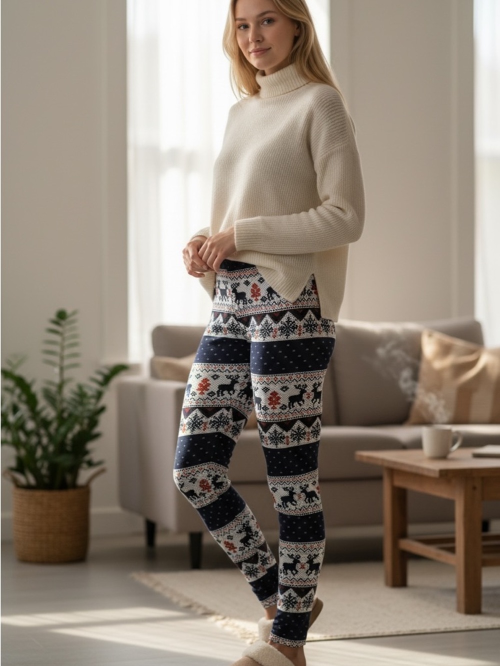 Nordic Reindeer Fair Isle Leggings Navy Winter Print Soft Stretch M/L NWT